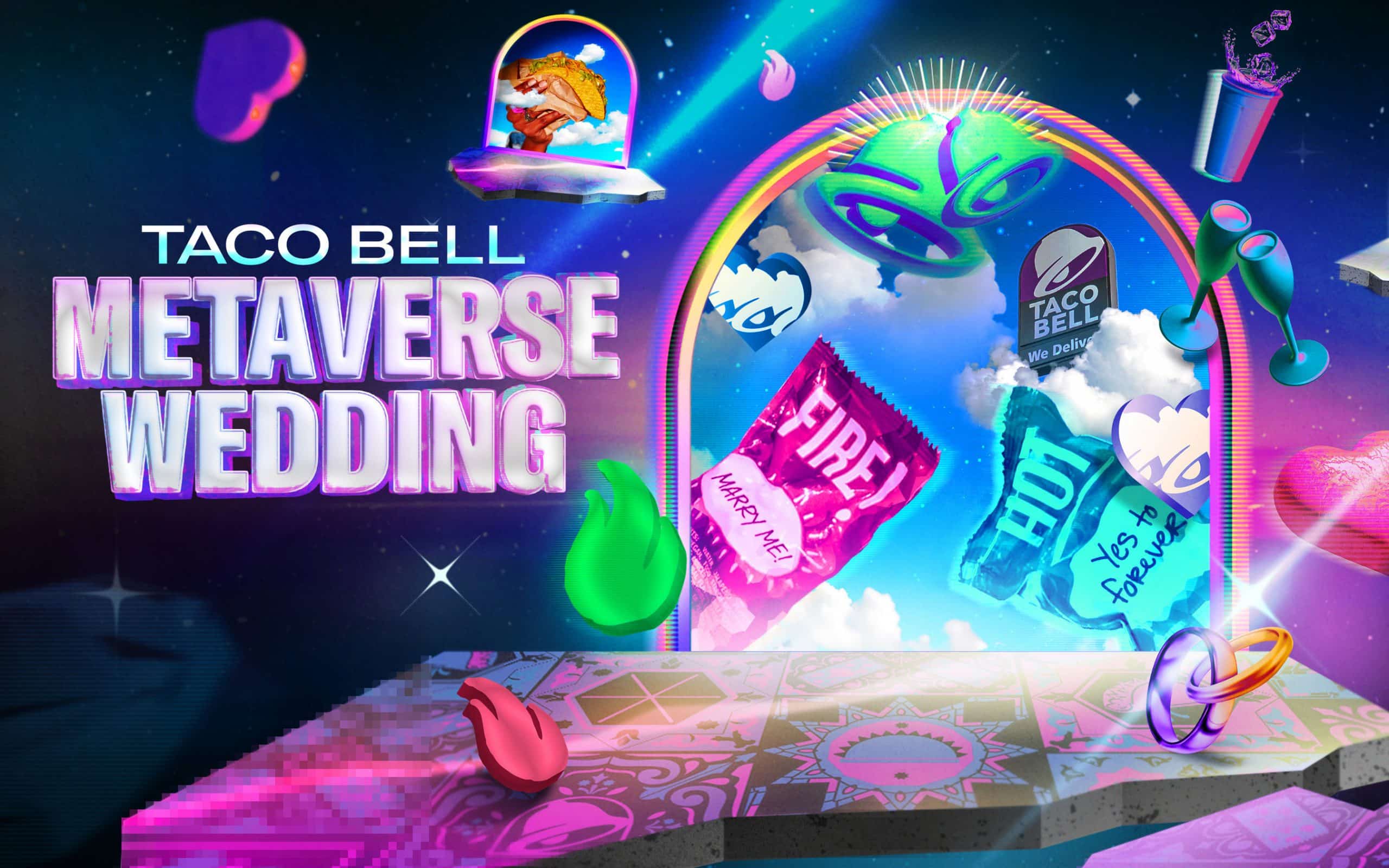 Taco Bell Metaverse Wedding poster featuring a virtual stage with rings