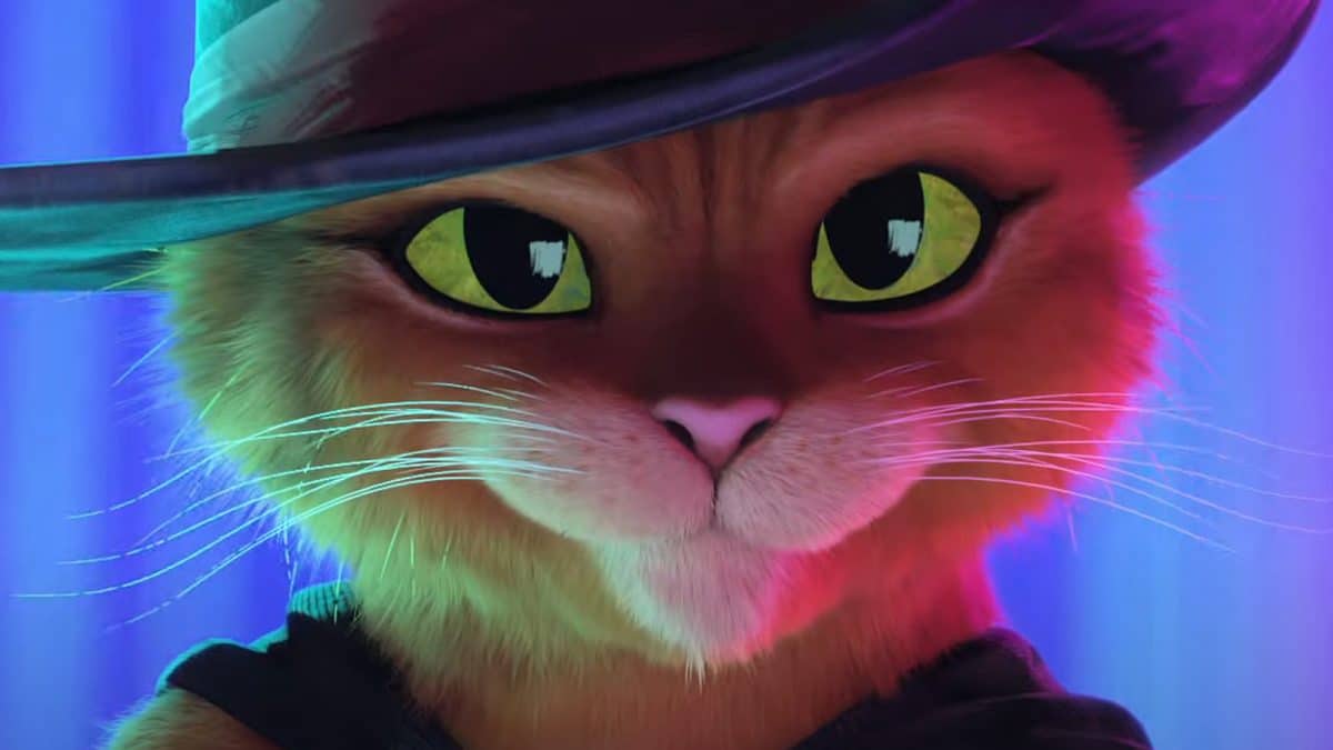 A digitally animated cat in a wide-brimmed hat grins and looks into the distance.