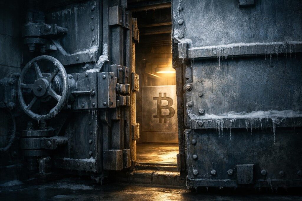 Frozen vault door opening to reveal a glowing Bitcoin, symbolizing regulatory clarity unlocking access and impacting Bitcoin holdings