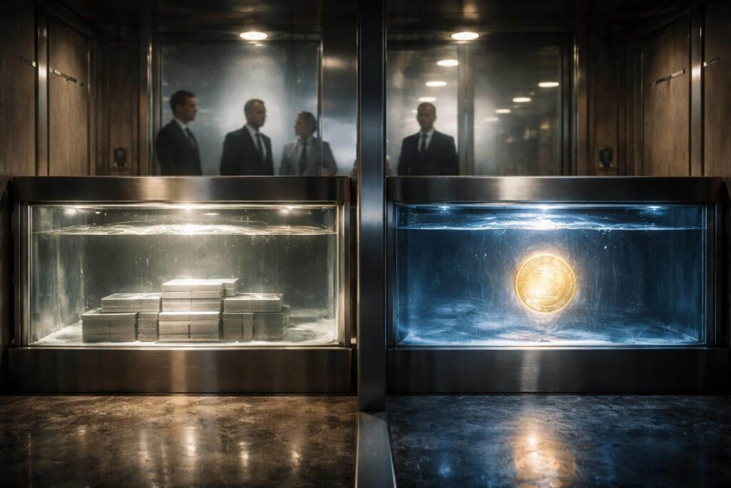 Bank vault display splits insured cash from a separate crypto token tank, illustrating FDIC limits on stablecoin insurance and how banks could quickly leverage the divide