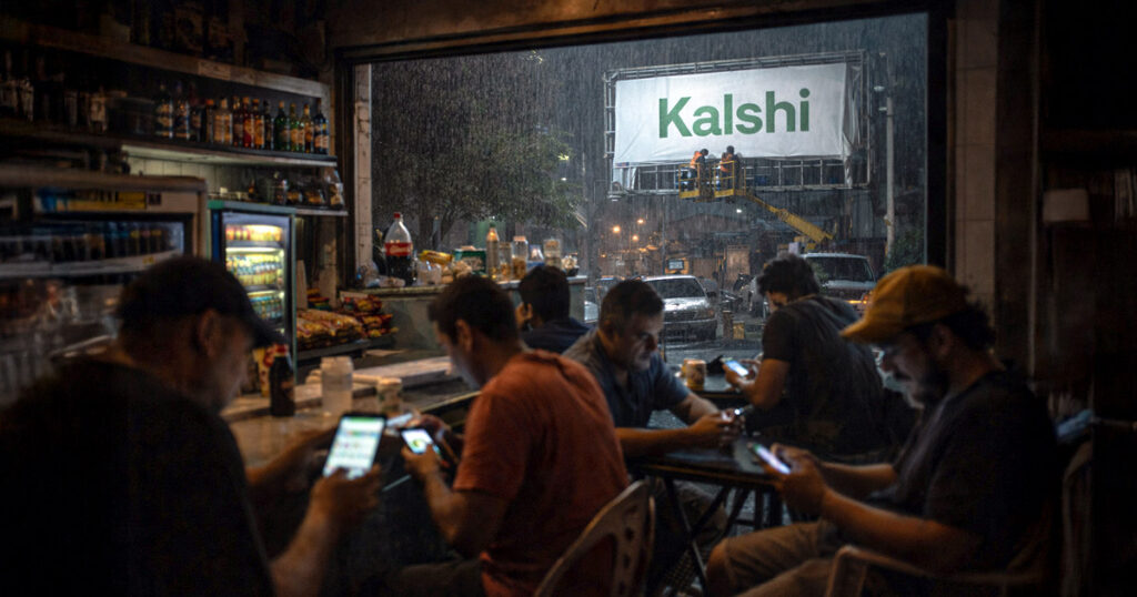 People using betting apps on smartphones inside a bar as a Kalshi billboard is installed outside in the rain, symbolizing the platform’s Brazil launch amid a national gambling addiction crisis
