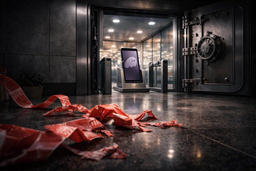 Torn red tape on the floor outside an open vault with a crypto wallet terminal inside, symbolizing regulatory barriers removed and direct access to derivatives markets