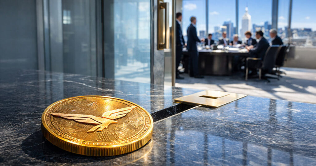 WLFI cryptocurrency coin placed on a boardroom table outside a high-level executive meeting, symbolizing the Trump-backed project offering guaranteed direct access to investors for $5 million