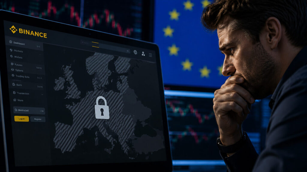 Illustration of a laptop displaying a locked crypto trading interface beside a person, with EU stars in the background representing European market restrictions.