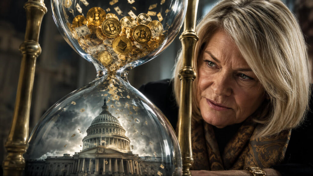 Cynthia Lummis watching crypto assets drain through an hourglass over Congress, representing the shrinking time window for U.S. crypto legislation.