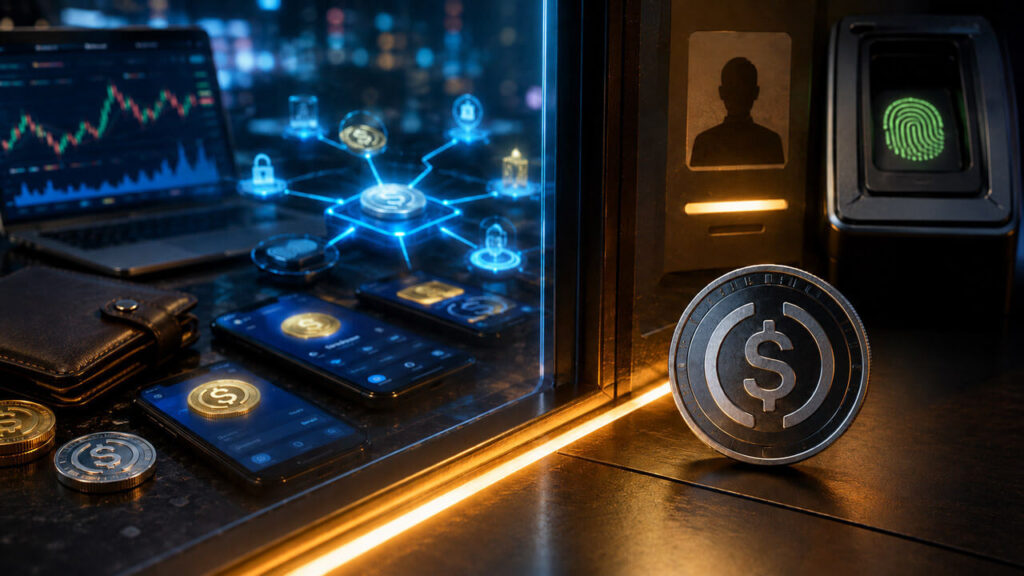 Illustration of a stablecoin moving through a digital network toward a secure compliance gateway representing KYC checks for secondary market transactions.