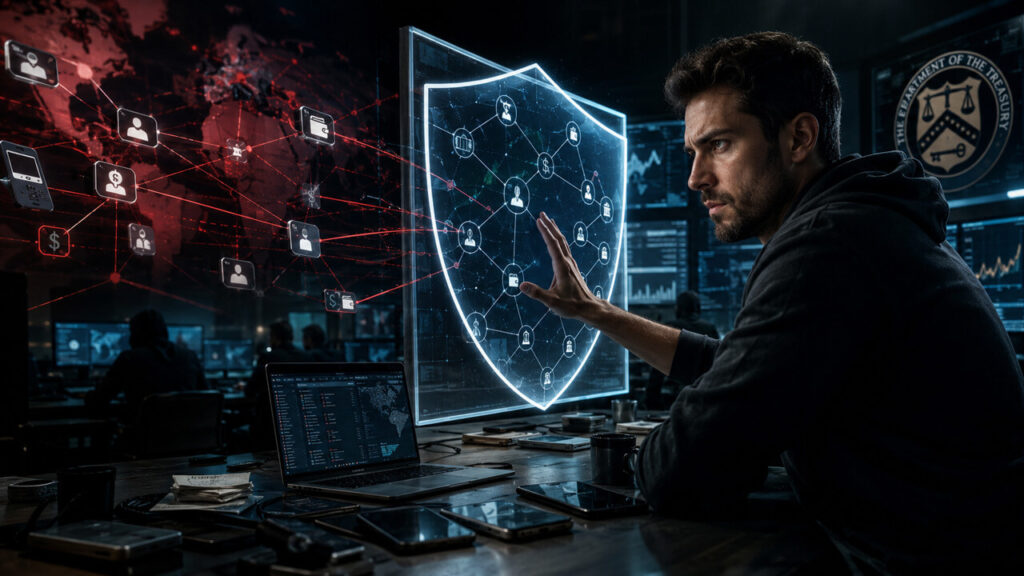 US Treasury’s $10B scam warning shows why crypto is racing to police itself Cybersecurity analyst monitoring illicit financial networks and digital asset transactions behind a virtual security shield, representing anti-money laundering enforcement and financial crime prevention.