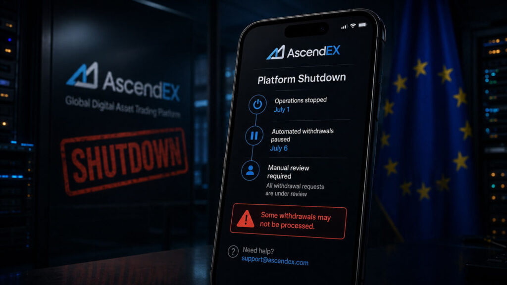 Smartphone displaying the AscendEX platform shutdown timeline, including halted operations, paused withdrawals, manual review requirements, and a warning that some withdrawals may not be processed.