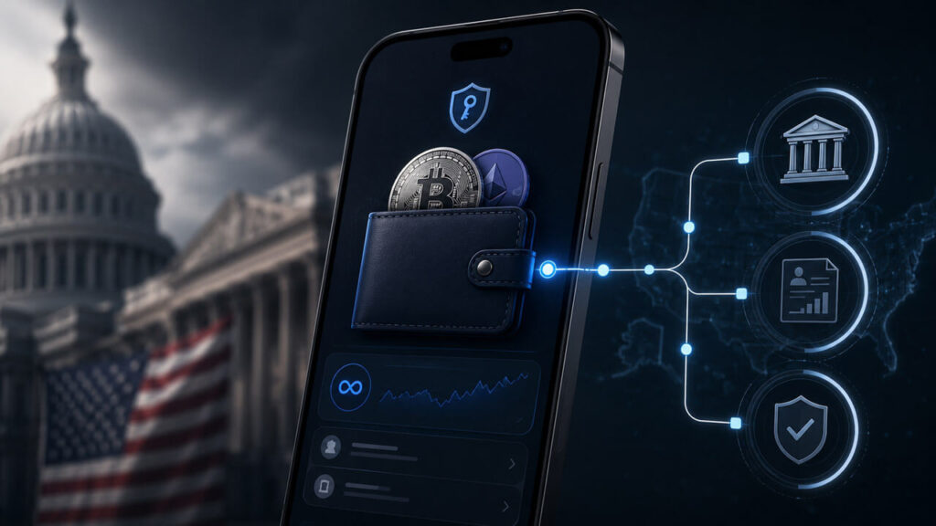 Metallic infinity loop with blockchain circuitry passing through a secure crypto wallet module, with US government architecture beneath a stormy sky.