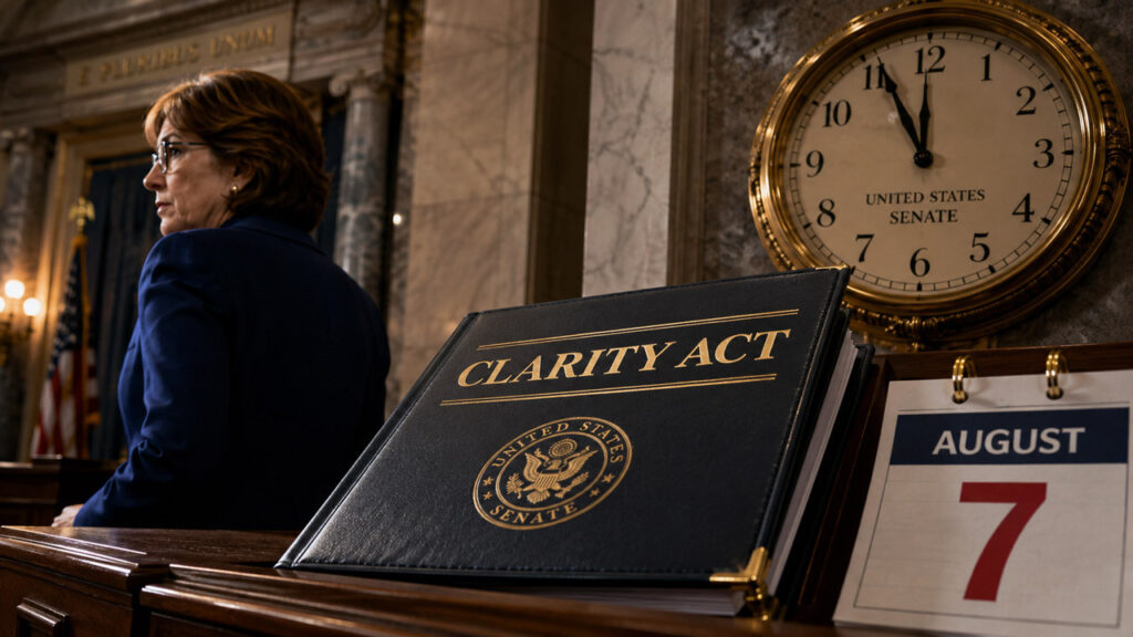 CLARITY Act misses July target making August 7 a critical date for the bill Cracked smartphone showing a Cardano ADA wallet with a red warning alert and ADA tokens draining away, representing the SecondFi wallet exploit.