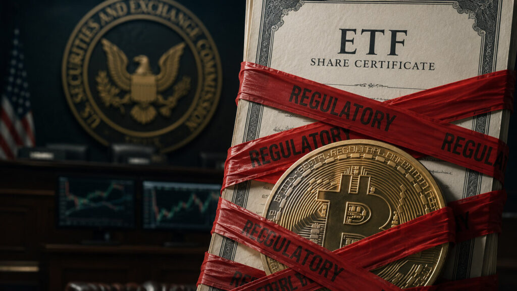 Crypto won the ETF fight but now the SEC is questioning if things have gone too far Torn ETF package revealing Bitcoin, financial charts, gears, contracts, and a vault mechanism inside.