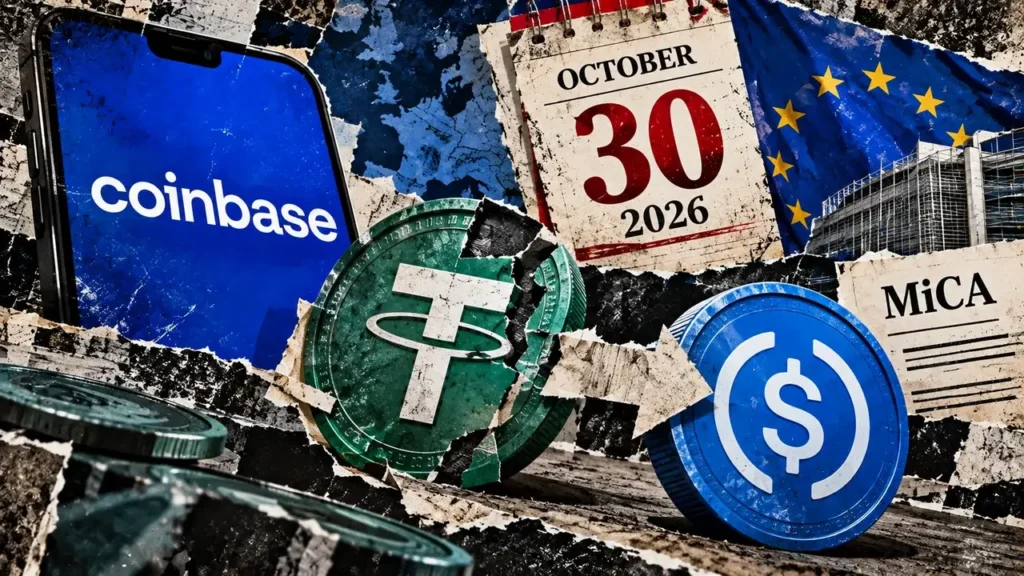 Coinbase sets 3-day MiCA deadline for USDT, PayPal and Trump-linked stablecoins Editorial collage showing a cracked USDT symbol beside USDC, Coinbase branding, and the European stablecoin conversion deadline.