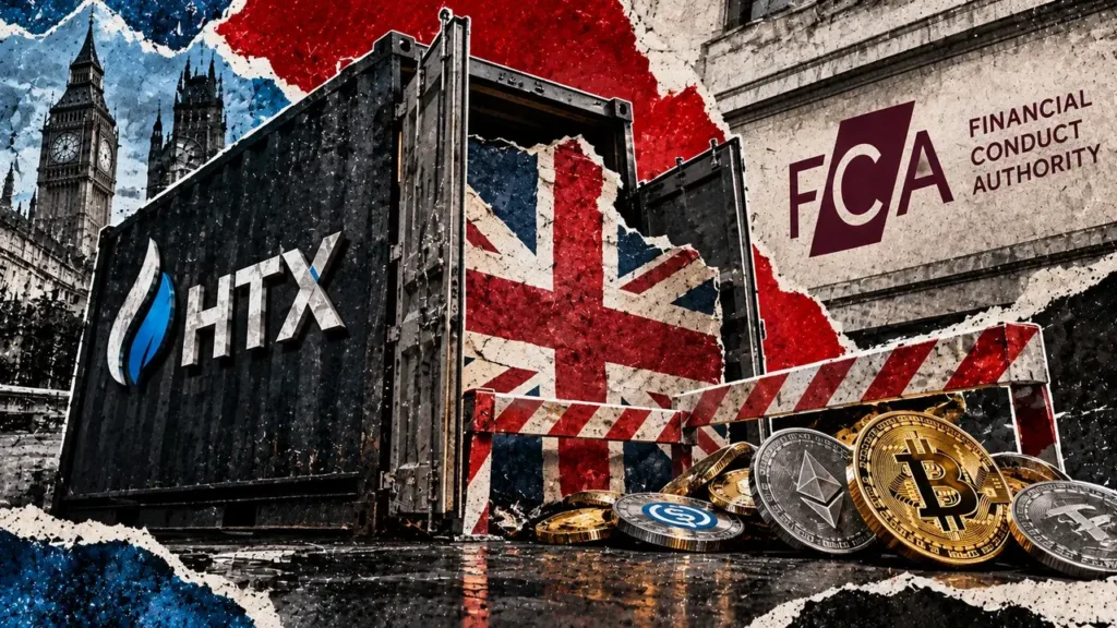 HTX-branded shipping container near Big Ben and the UK FCA building, with a Union Jack, warning barriers, and cryptocurrency coins.
