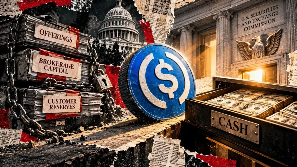 A USDC token approaches a cash drawer beside chained regulatory files and a government building.