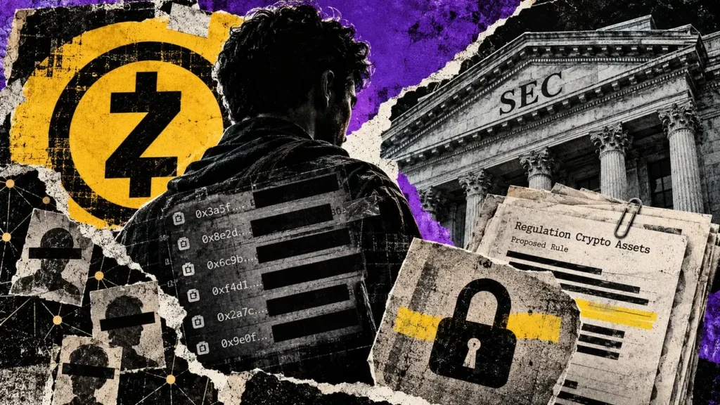 Public wallet logs expose founder histories, and Zcash group demands fix A shadowed figure stands between the Zcash symbol, redacted financial histories, and SEC regulatory documents.